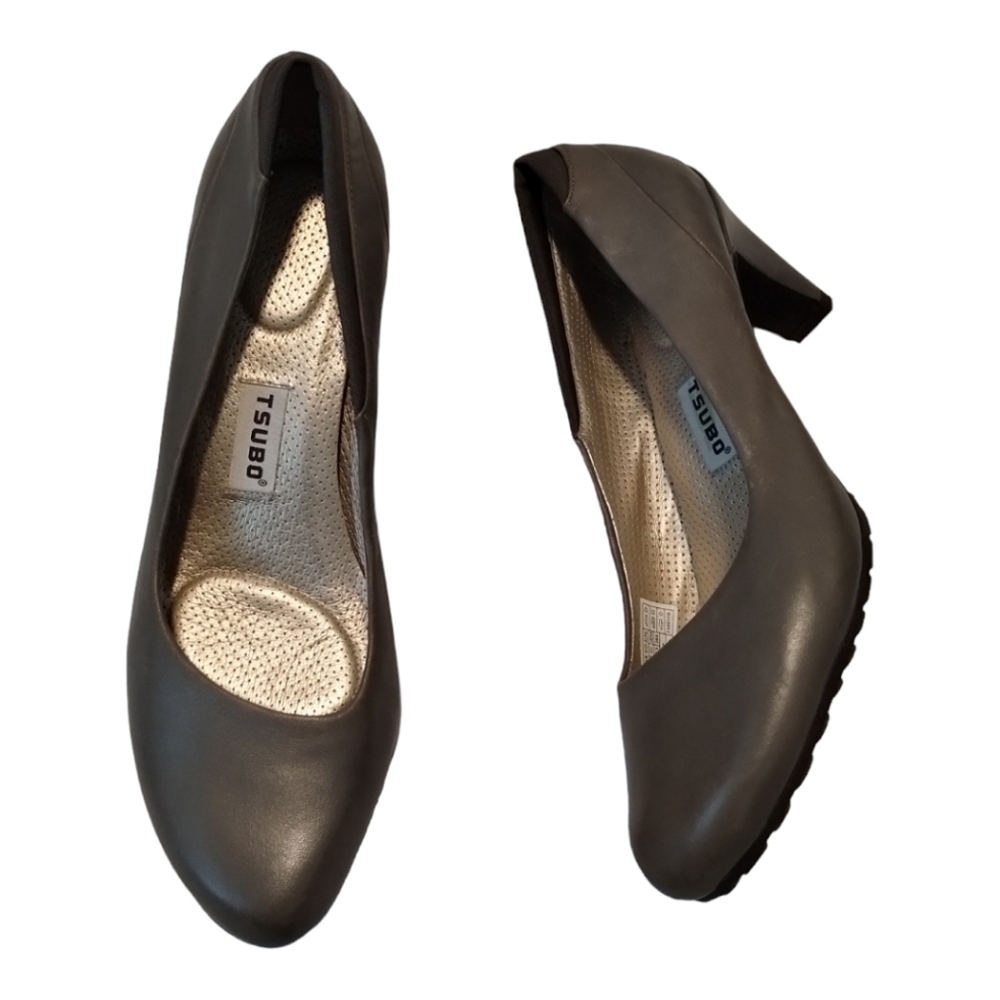 Tsubo Dufay Pumps Taupe Leather Almond Toe Cone‎ Heel Slip On Shoes